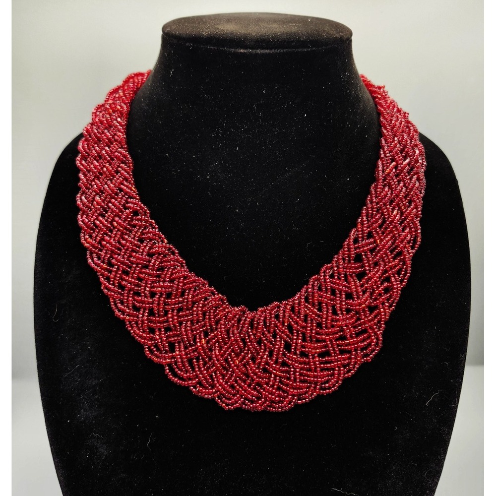 Handmade Red Seed Bead Woven Statement Choker Necklace Intricate Artisan Jewelry